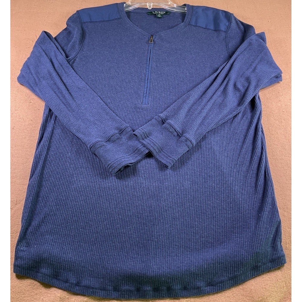 Lauren Ralph Lauren Womens 2X Navy Blue Thermal Waffle Knit Quarter Zip Top